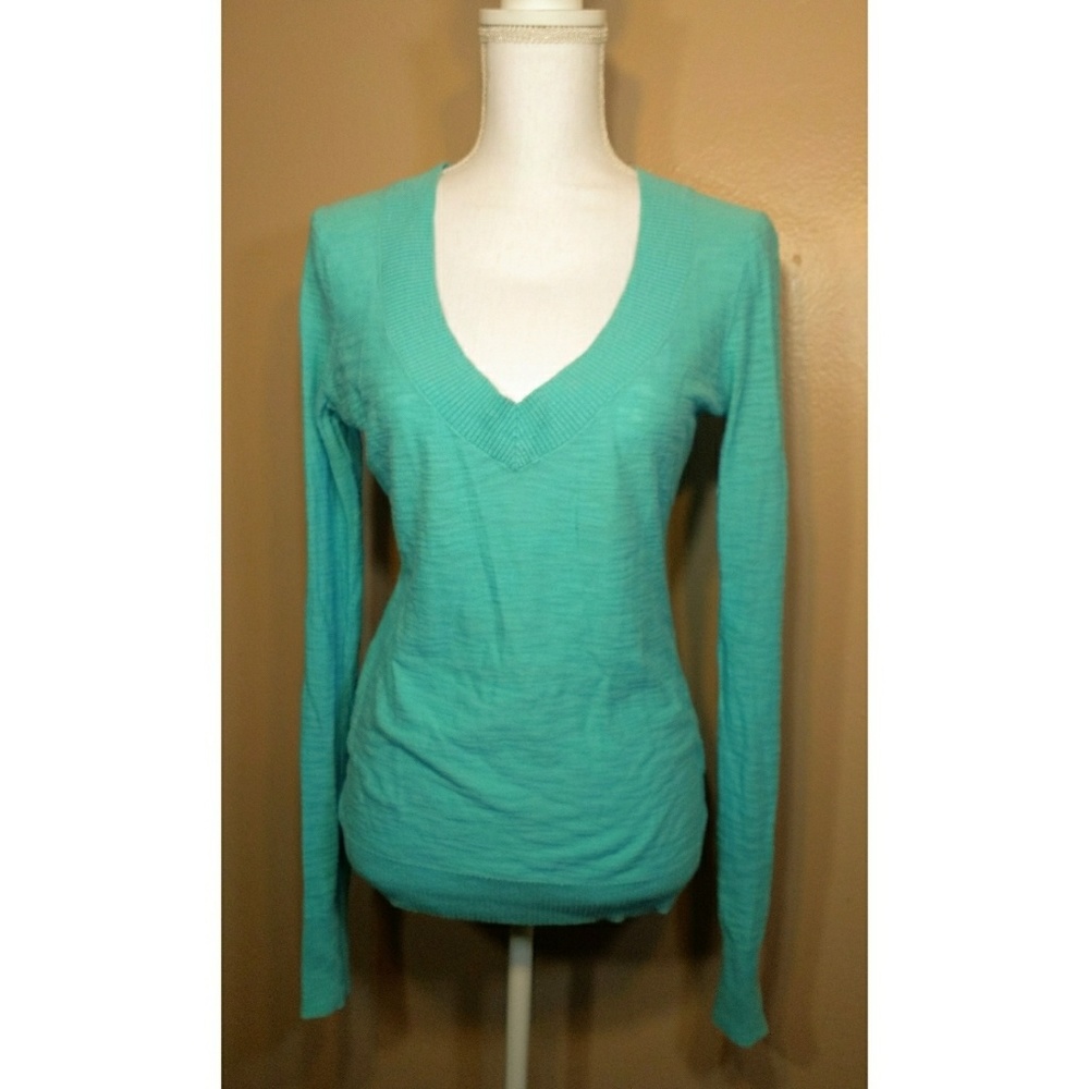 Express Women's Green V Neck Semi Sheer Sweater